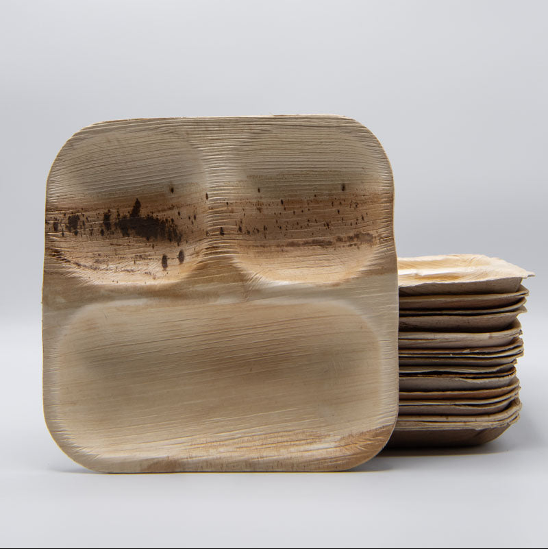 9"x9" Square 3 Compartment Palm Leaf Plate