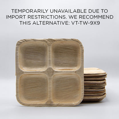 9"x9" Square 4 Compartment Palm Leaf Plate