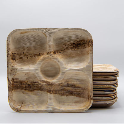 9"x9" Square 5 Compartment Palm Leaf Plate