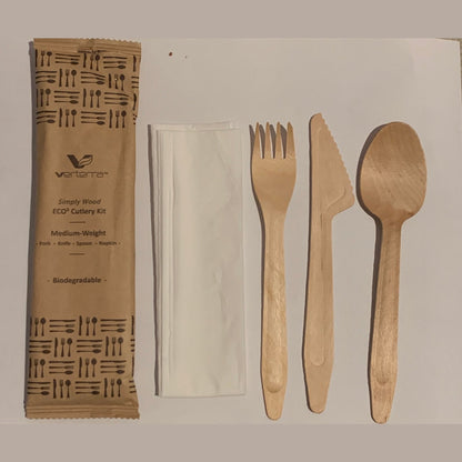 Medium Weight Wooden Cutlery Kit with Napkin (Fork, Knife, Spoon with Napkin) (25 count Retail pack)-VerTerra Dinnerware
