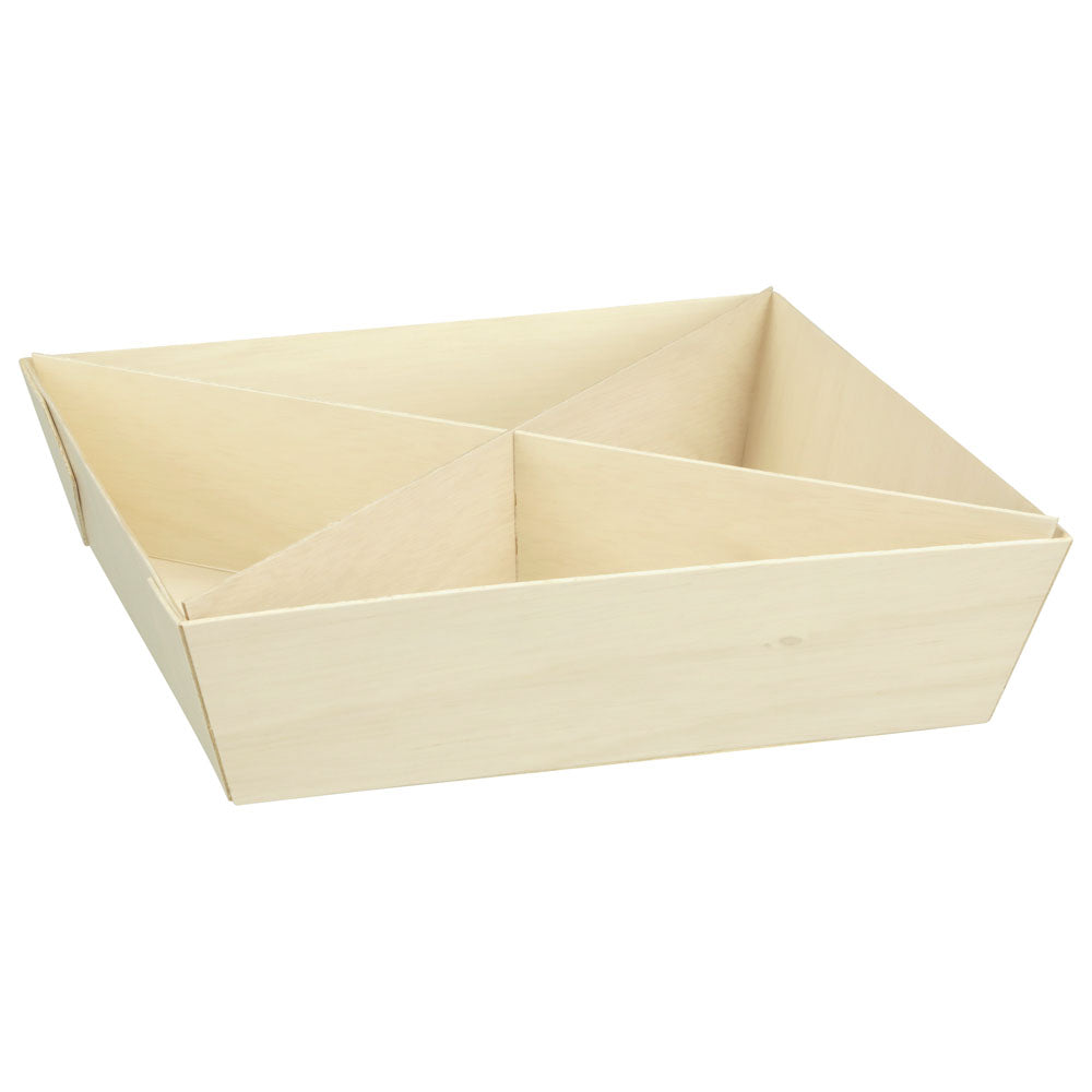 12"x12"x3" Large Square Balsa Wood Fixed Side Tray with Cross Diagonal Partitions