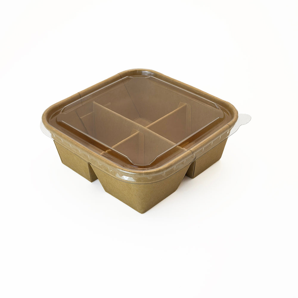 5"x5" 4-Compartment Kraft Tray with Clear PET Lid