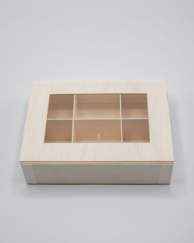 6"x8"x3" Vento Balsa Wood Collapsible Box with Attached Window Lid and 3 Dividers