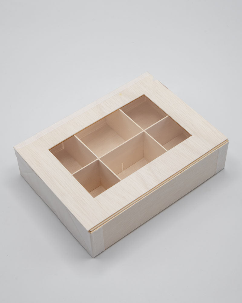6"x8"x3" Vento Balsa Wood Collapsible Box with Attached Window Lid and 3 Dividers