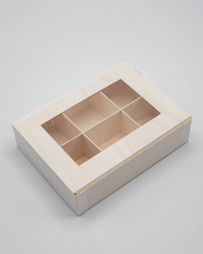6"x8"x3" Vento Balsa Wood Collapsible Box with Attached Window Lid and 3 Dividers