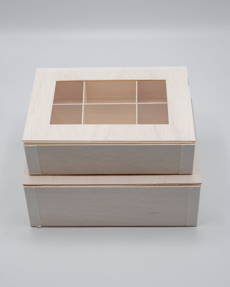 6"x8"x3" Vento Balsa Wood Collapsible Box with Attached Window Lid and 3 Dividers