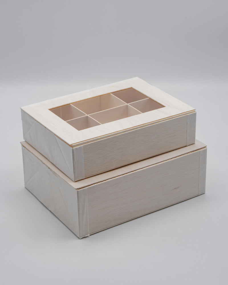 6"x8"x3" Vento Balsa Wood Collapsible Box with Attached Window Lid and 3 Dividers