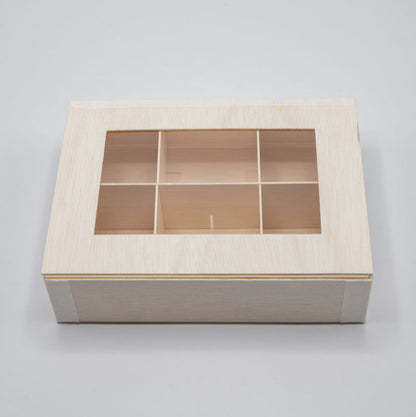 8"x11"x3" Vento Balsa Wood Collapsible Box with Attached Window Lid and 3 Dividers